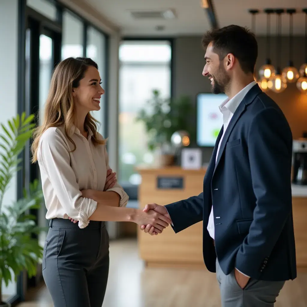 Visuel d'un bureau moderne avec des spécialistes en gestion travaillant ensemble.