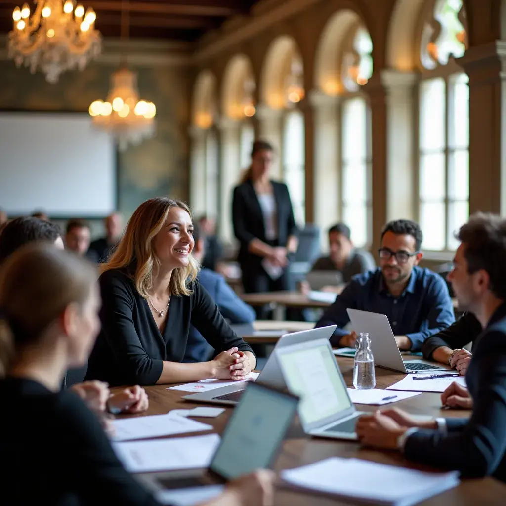 Professionnels en train de former un groupe sur les meilleures pratiques de gestion.